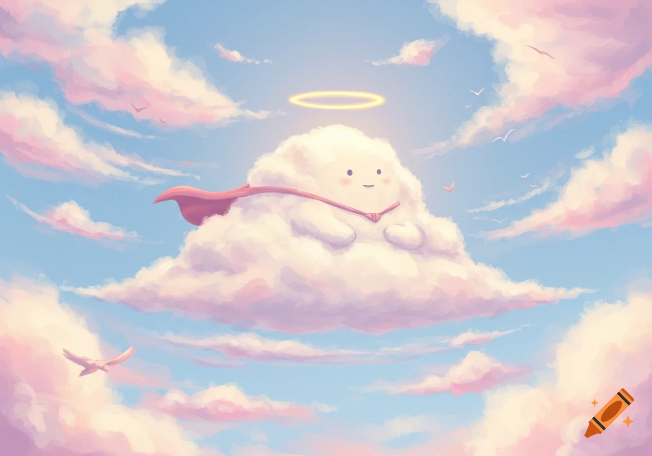 A cute, plump cartoon cloud with a red cape and golden halo floats in a whimsical pastel blue and pink sky with birds.