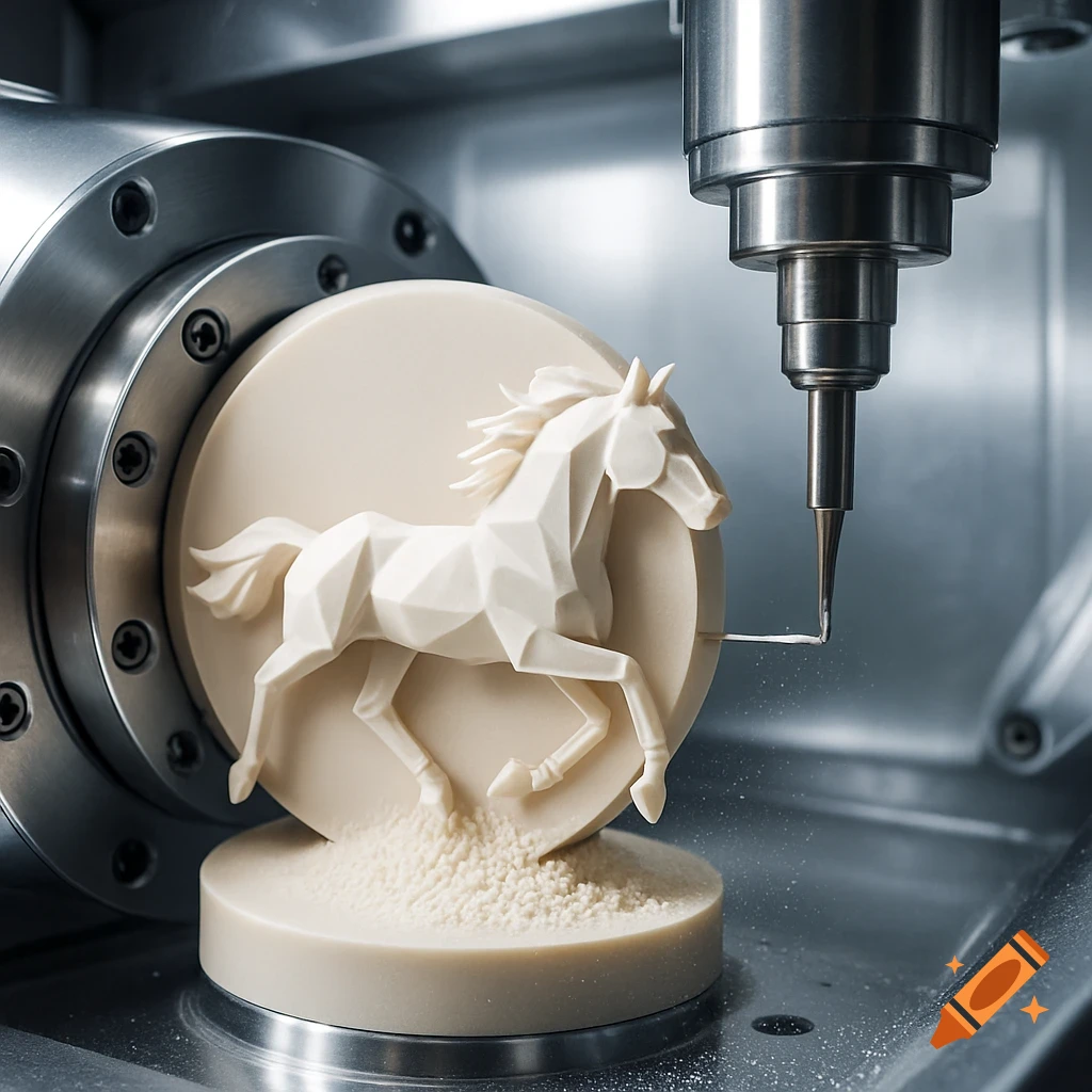 A CNC milling machine carves a low-poly horse figure from a circular block of zirconia, creating milling dust.