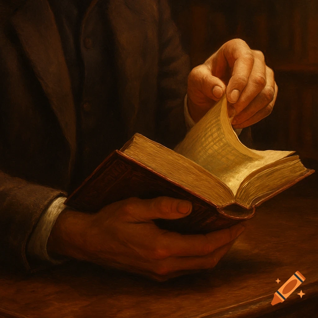 A person's hands in a dark, classical painting style, turning a page of an old, open book with golden edges.