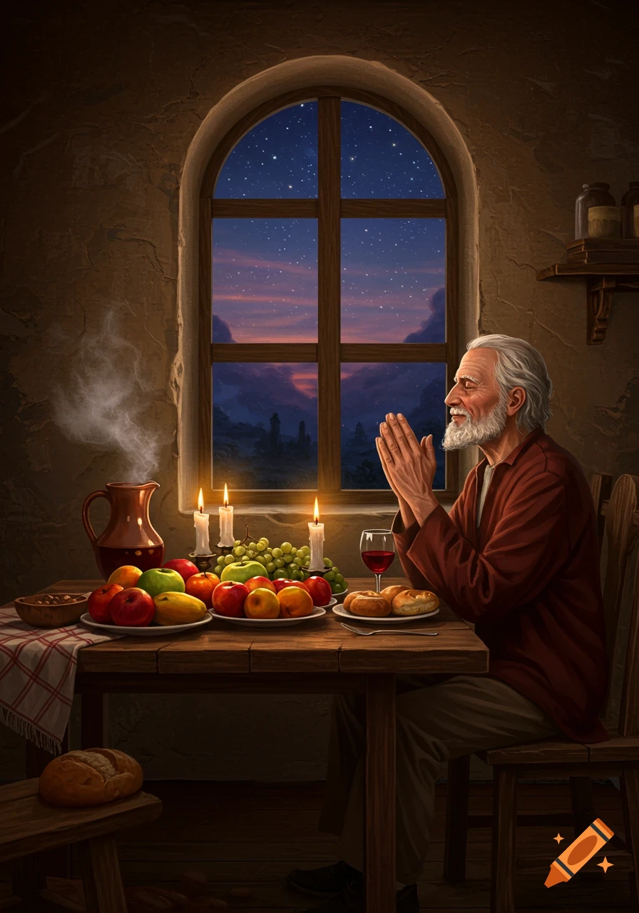 An old man with a beard prays at a candlelit table laden with fruit and bread, by a window showing a starry night.