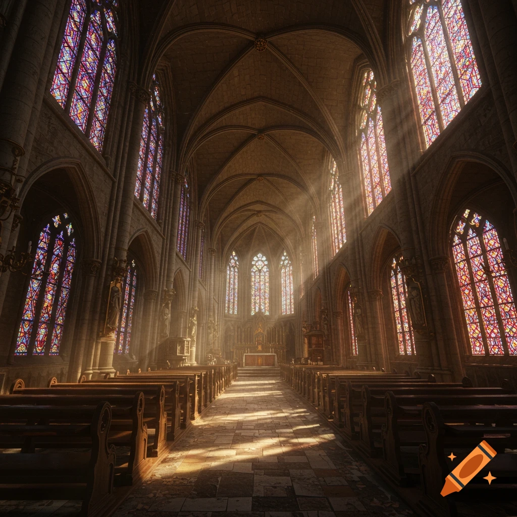 Interior of a grand Gothic church with sunlit stained glass windows, high arches, and empty pews.