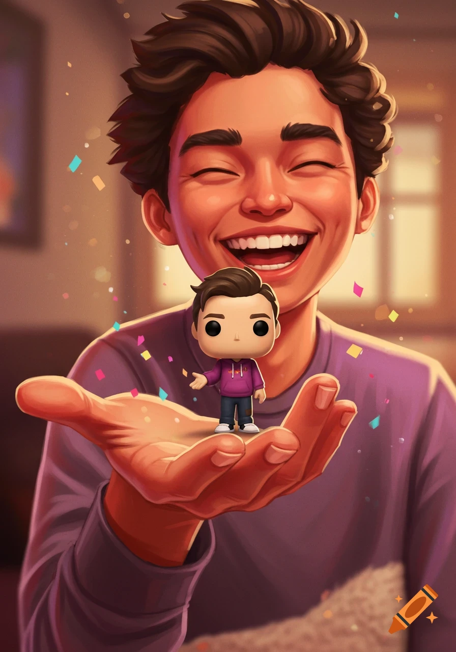 A happy cartoon young man laughing, holding a small Funko Pop figure in his palm with colorful confetti around.
