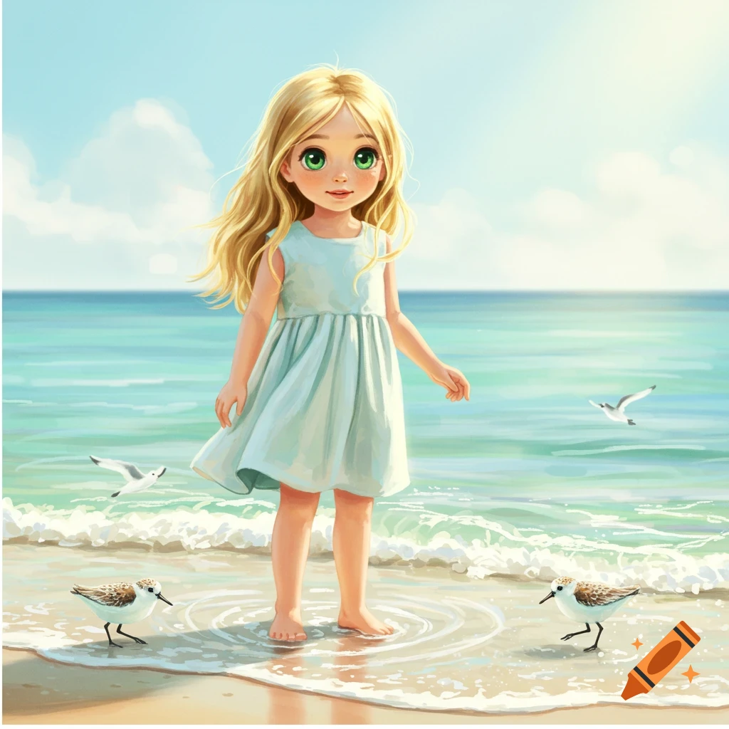 Cartoon illustration of a blonde girl with green eyes in a light blue dress, standing barefoot on a sunny beach with small birds and waves.
