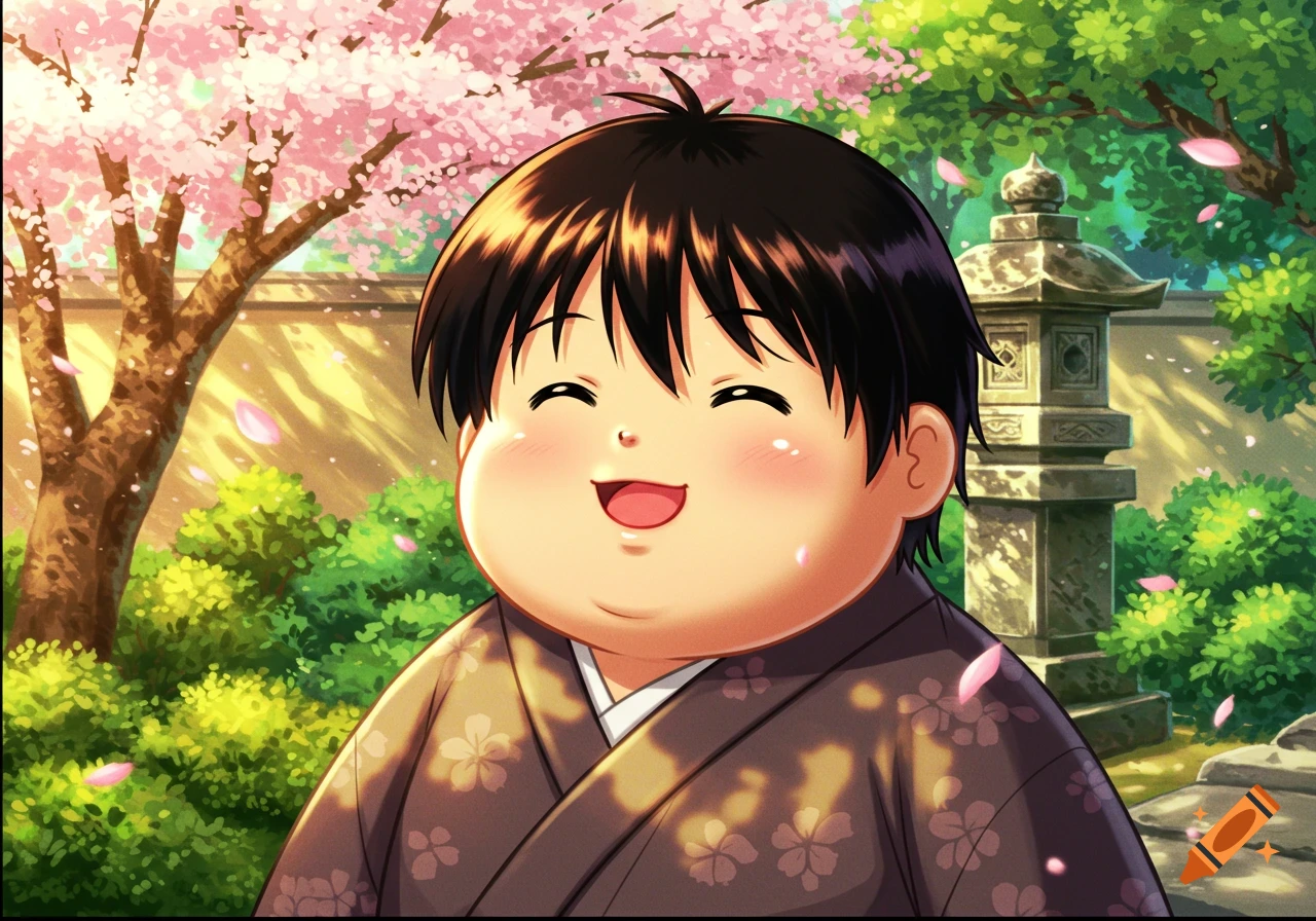 Happy chubby anime child in a kimono, smiling broadly in a Japanese garden with pink cherry blossoms.