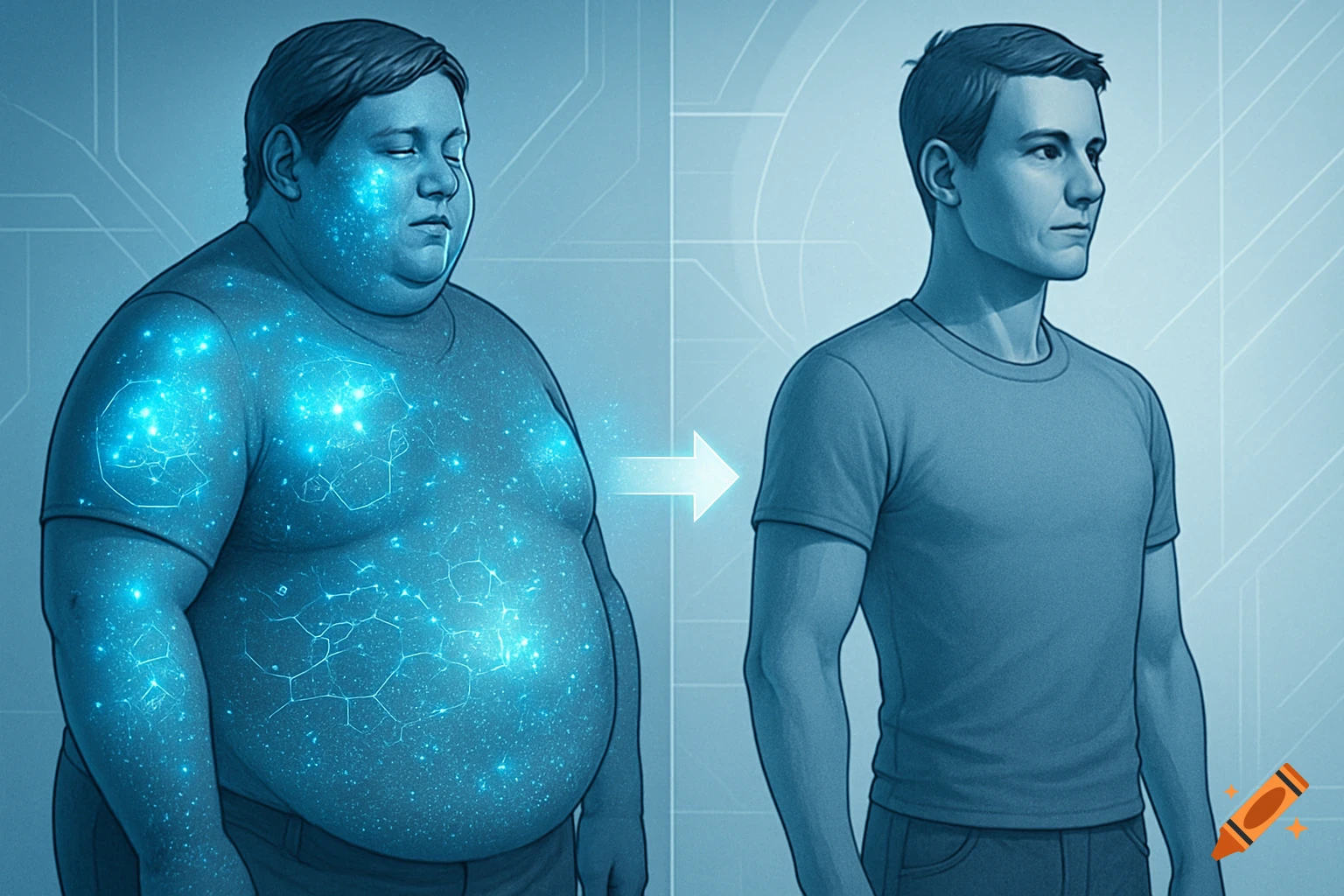 A scientific illustration showing an obese man with glowing skin transforming into a slim man.