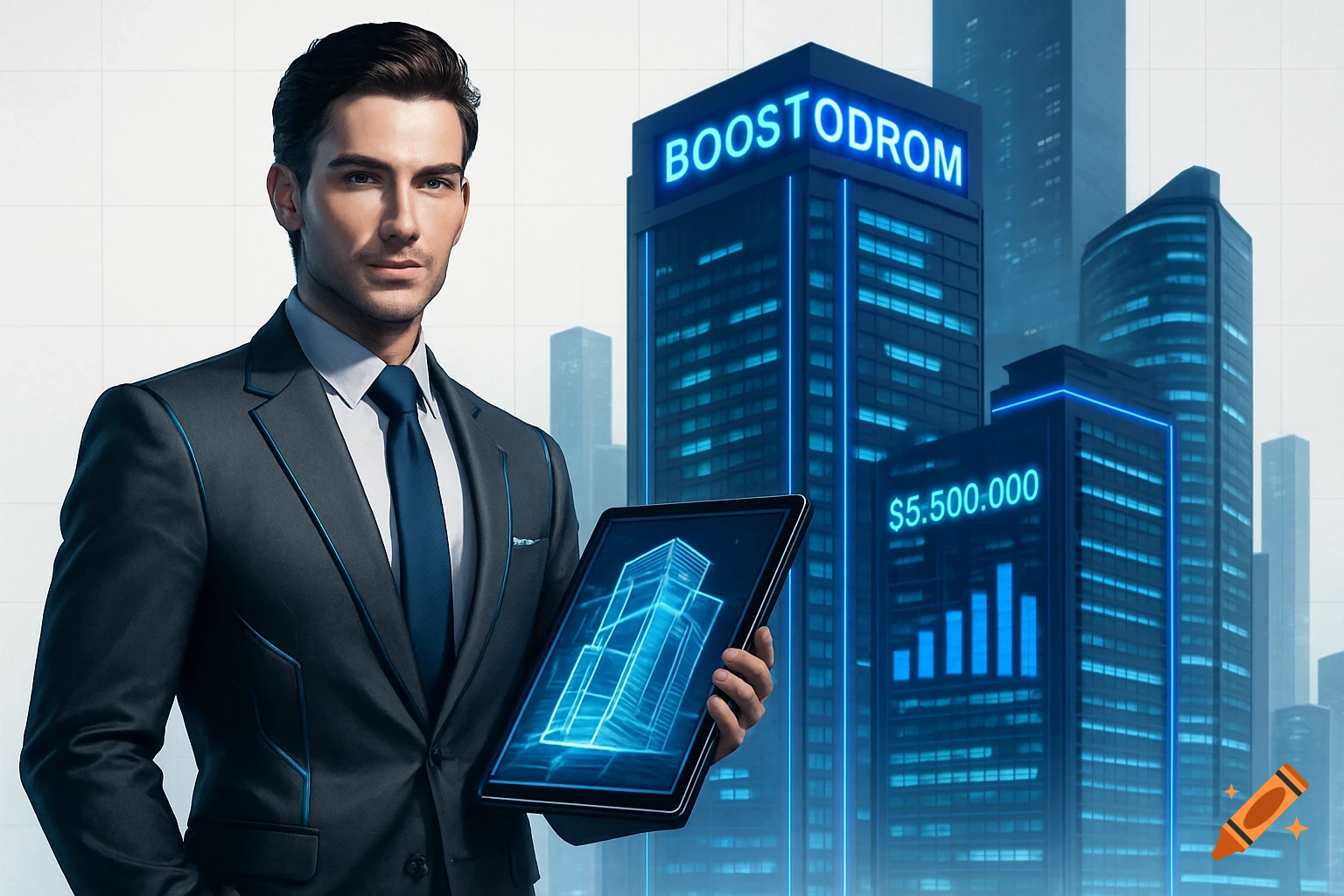 A confident businessman in a suit holds a tablet with a 3D building model, standing before a futuristic cityscape with neon-lit skyscrapers displaying 'BOOSTODROM' and '5.500.000'.