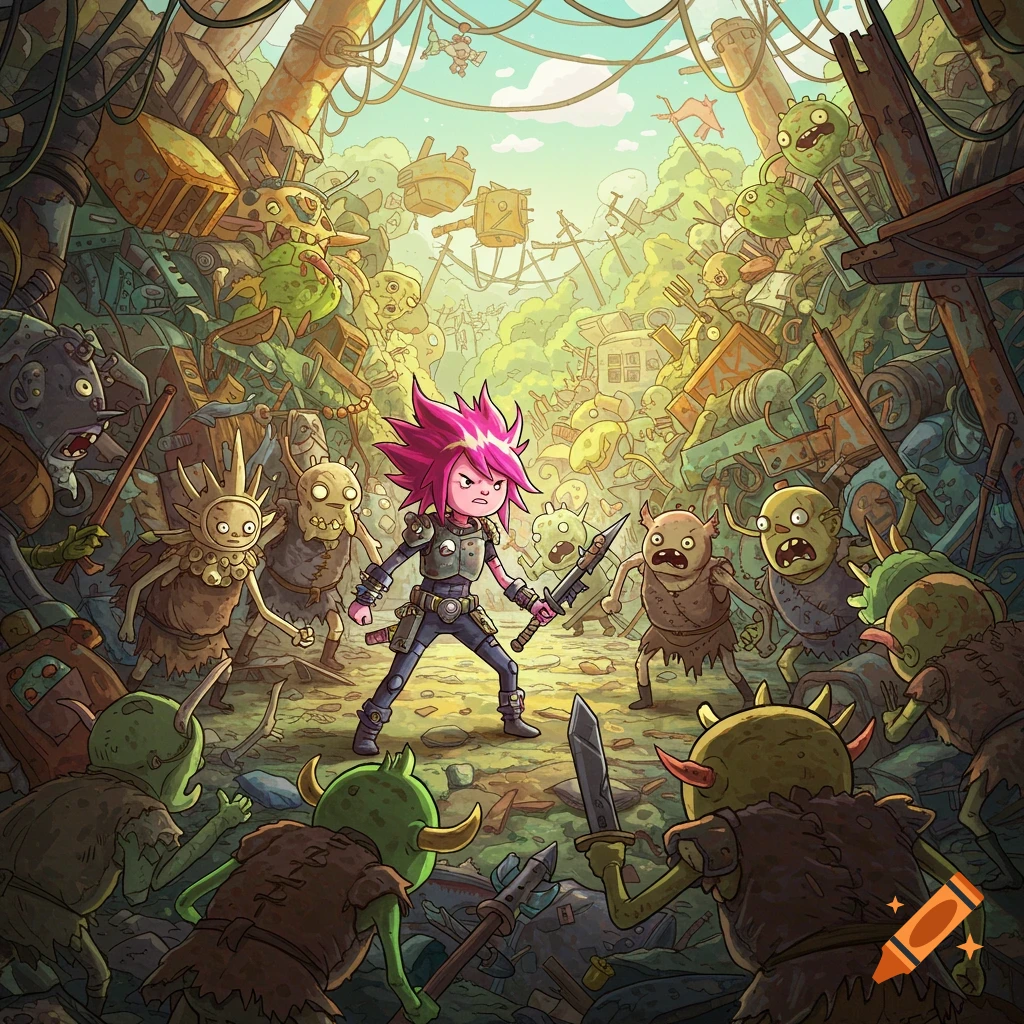 A pink-haired girl in armor wields two knives, confronting goblin-like creatures in a cartoonish post-apocalyptic junkyard.