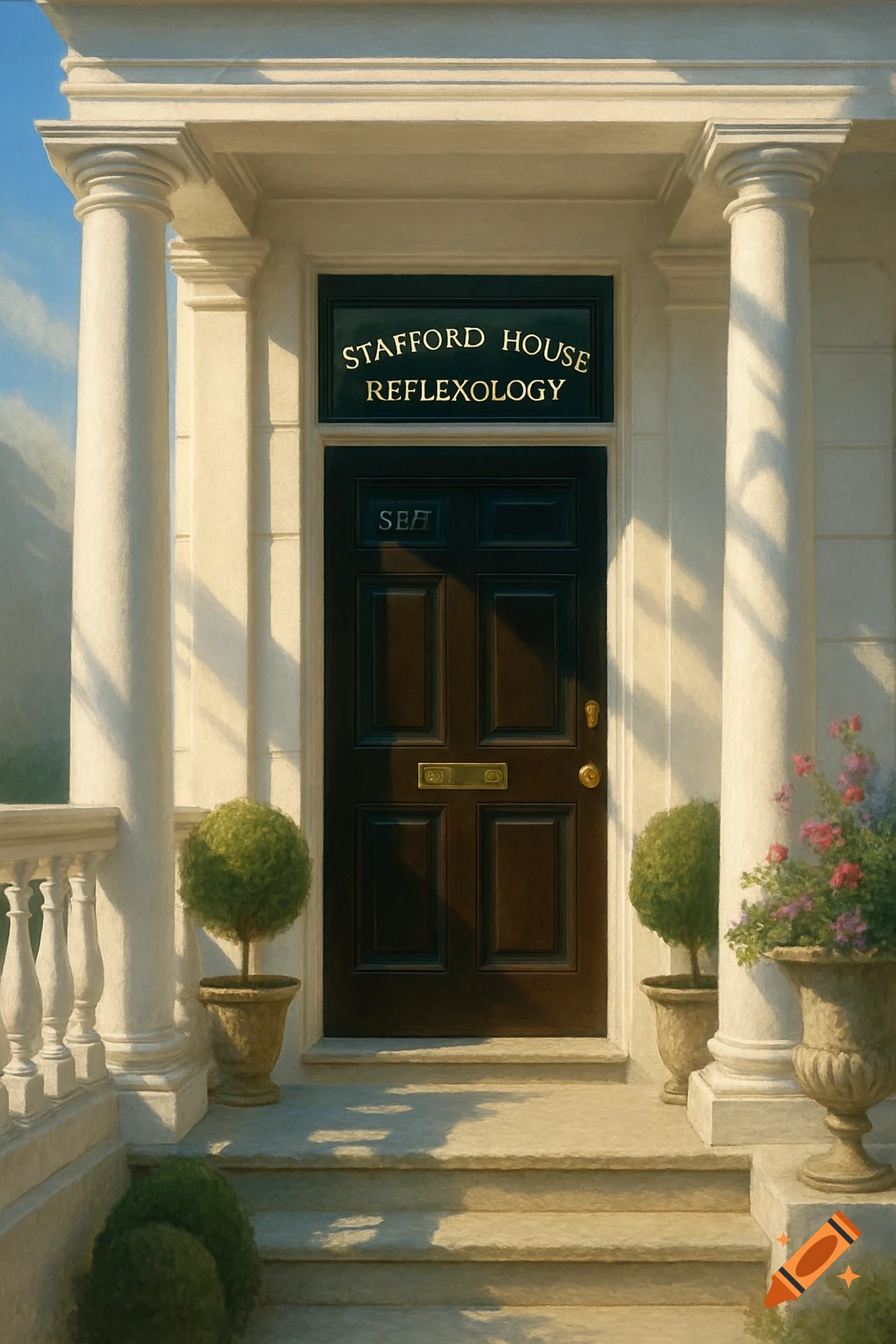 A Georgian style building entrance with white pillars, a dark brown door, and potted plants, with a sign reading 'Stafford House Reflexology'.