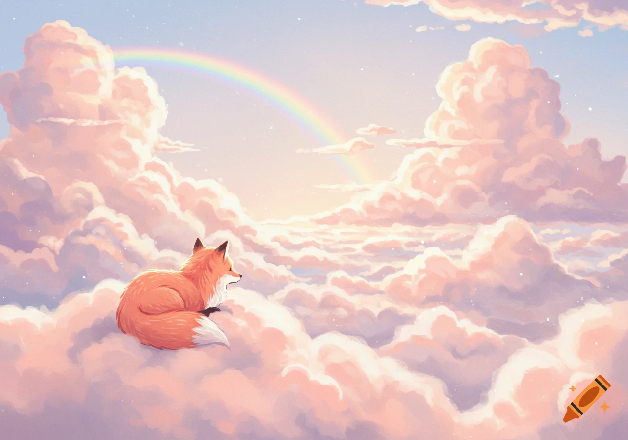A pastel illustration of an orange fox sitting on soft pink clouds under a sky with a rainbow and sun.