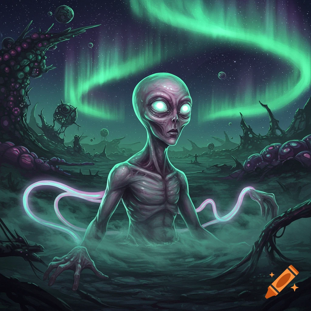 A grey alien with glowing eyes emerges from a misty alien landscape under a green aurora, surrounded by strange plants.