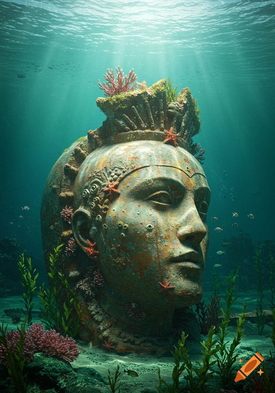 A weathered stone bust resembling an ancient queen, covered in coral, seaweed, and starfish, sits on the ocean floor, with fish swimming nearby and light filtering from the surface.