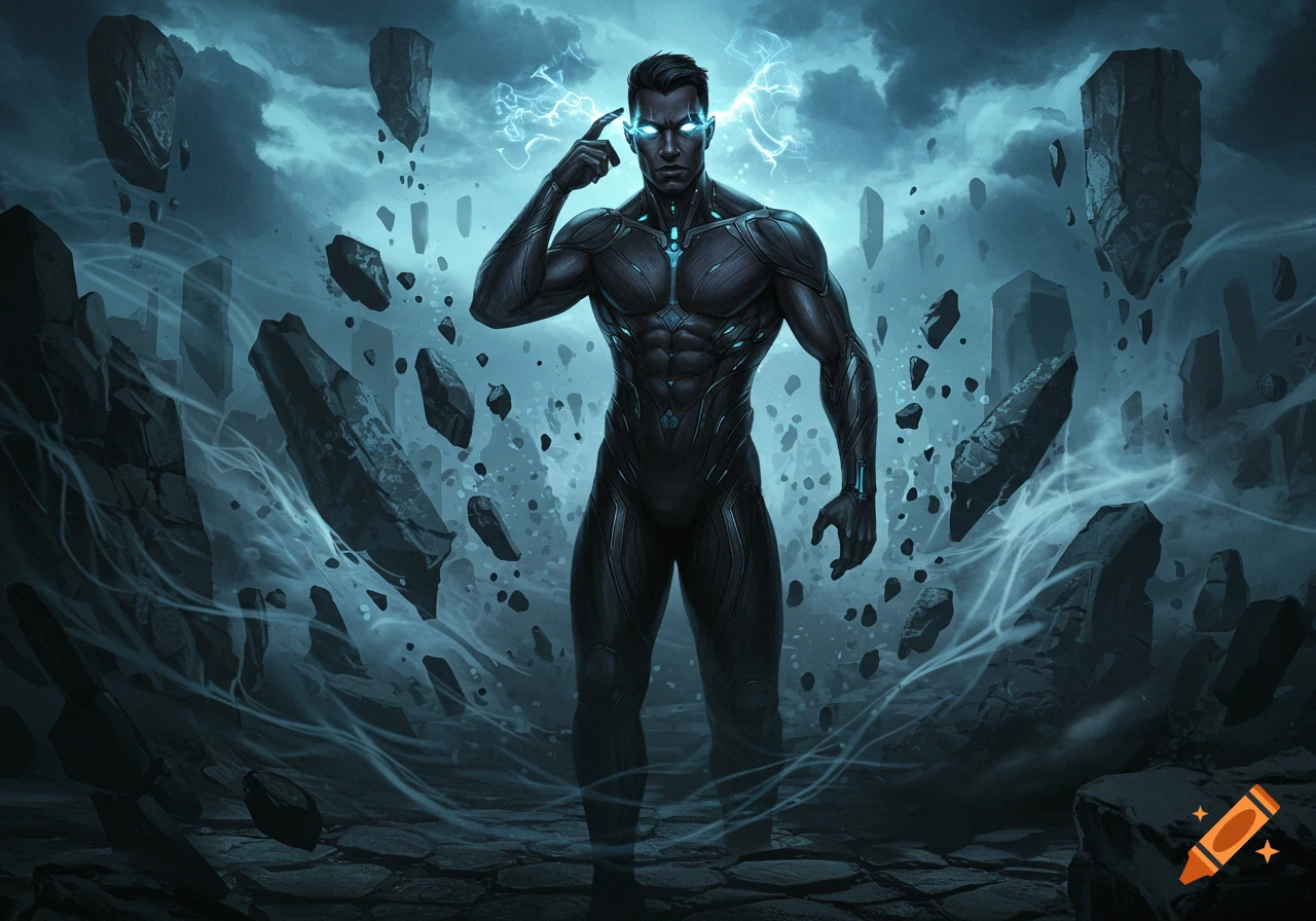 A dark-haired man in a sleek black suit with glowing eyes uses telekinesis on floating rocks in a stormy, mystical landscape.