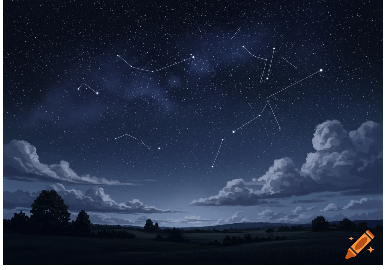 A starry night sky with visible constellations above a dark, rolling landscape with trees and clouds.