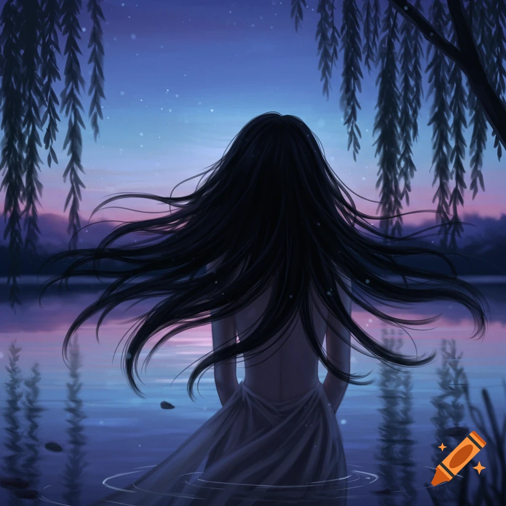 A girl with long black hair stands in water at twilight, under drooping willow branches.