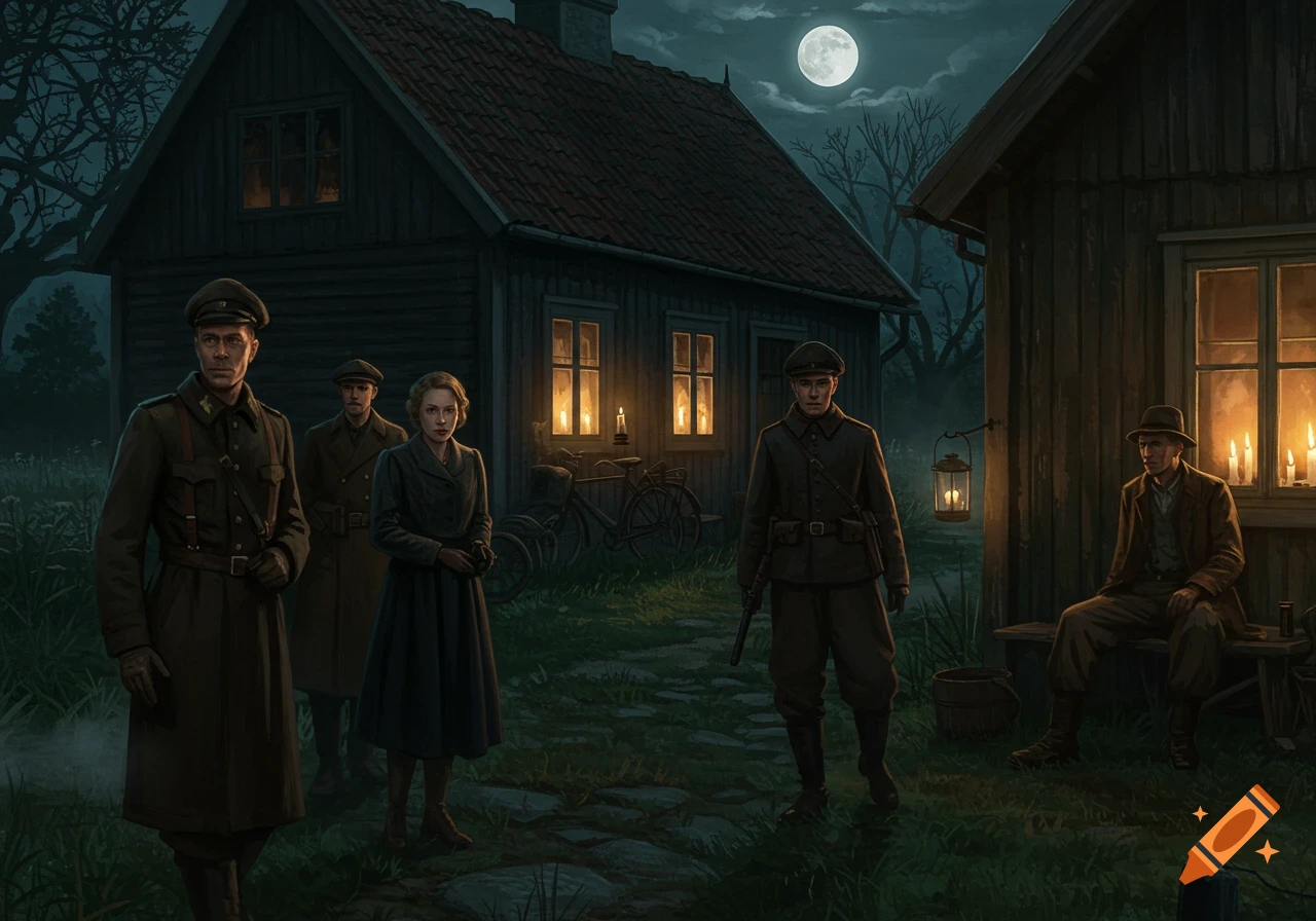 Five people in dark period clothing stand outside two houses under a full moon at night, lit by windows and lanterns.