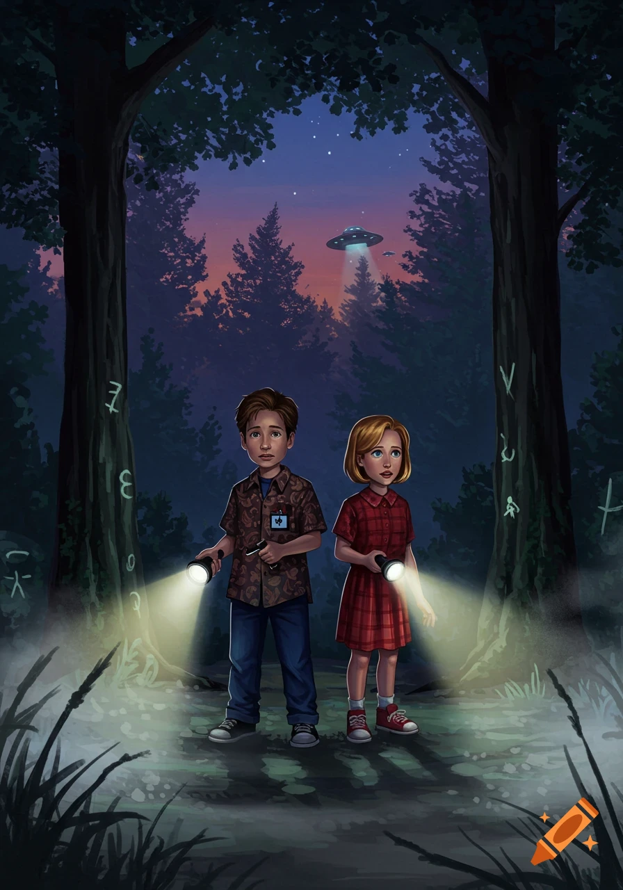 Two young children in a dark forest at night, holding flashlights towards mysterious symbols on trees, with a UFO in the twilight sky.