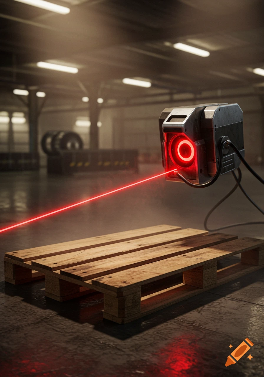 A glowing red laser beam emits from a sci-fi device floating above wooden pallets in a dimly lit industrial warehouse.