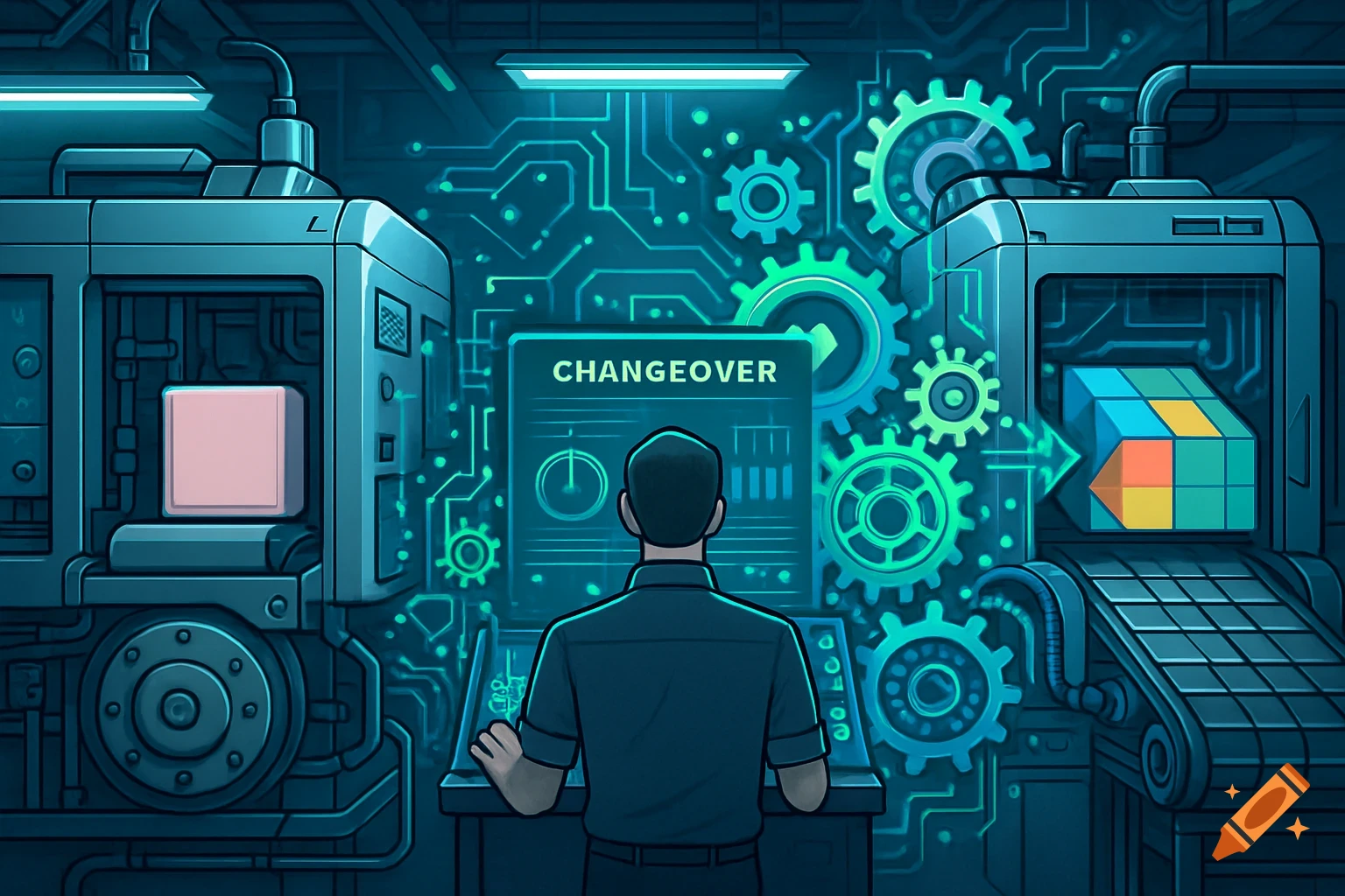A man at a control panel overseeing an automated factory process with machinery and digital circuits, labeled 'CHANGEOVER' on a screen.