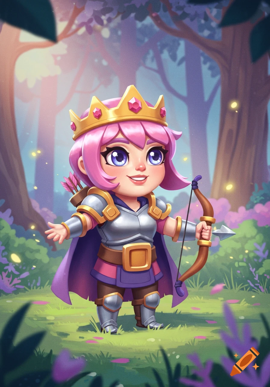 A cute, pink-haired archer queen with a golden crown and armor holds a bow in a magical, purple-hued forest.