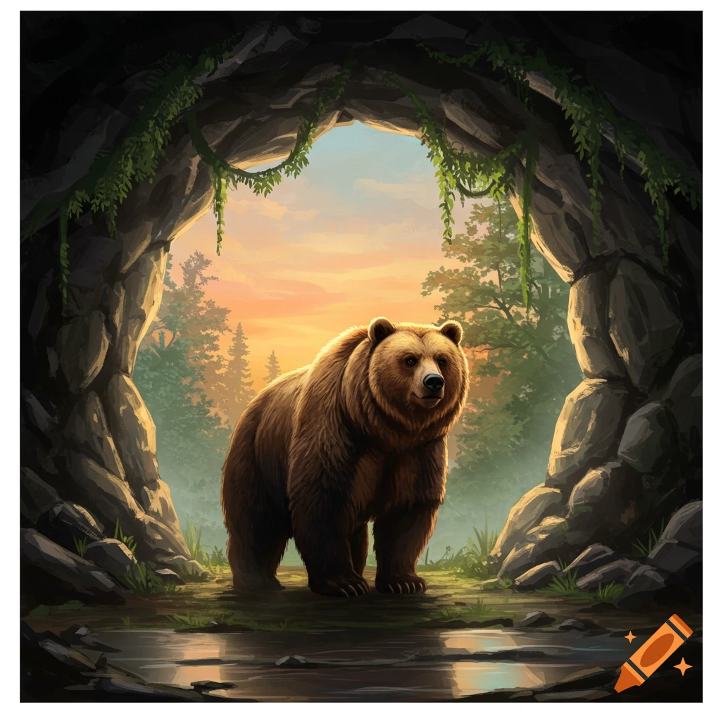 A brown bear stands inside a dark cave entrance, looking out towards a bright, sunset-lit forest landscape, in an illustrative style.