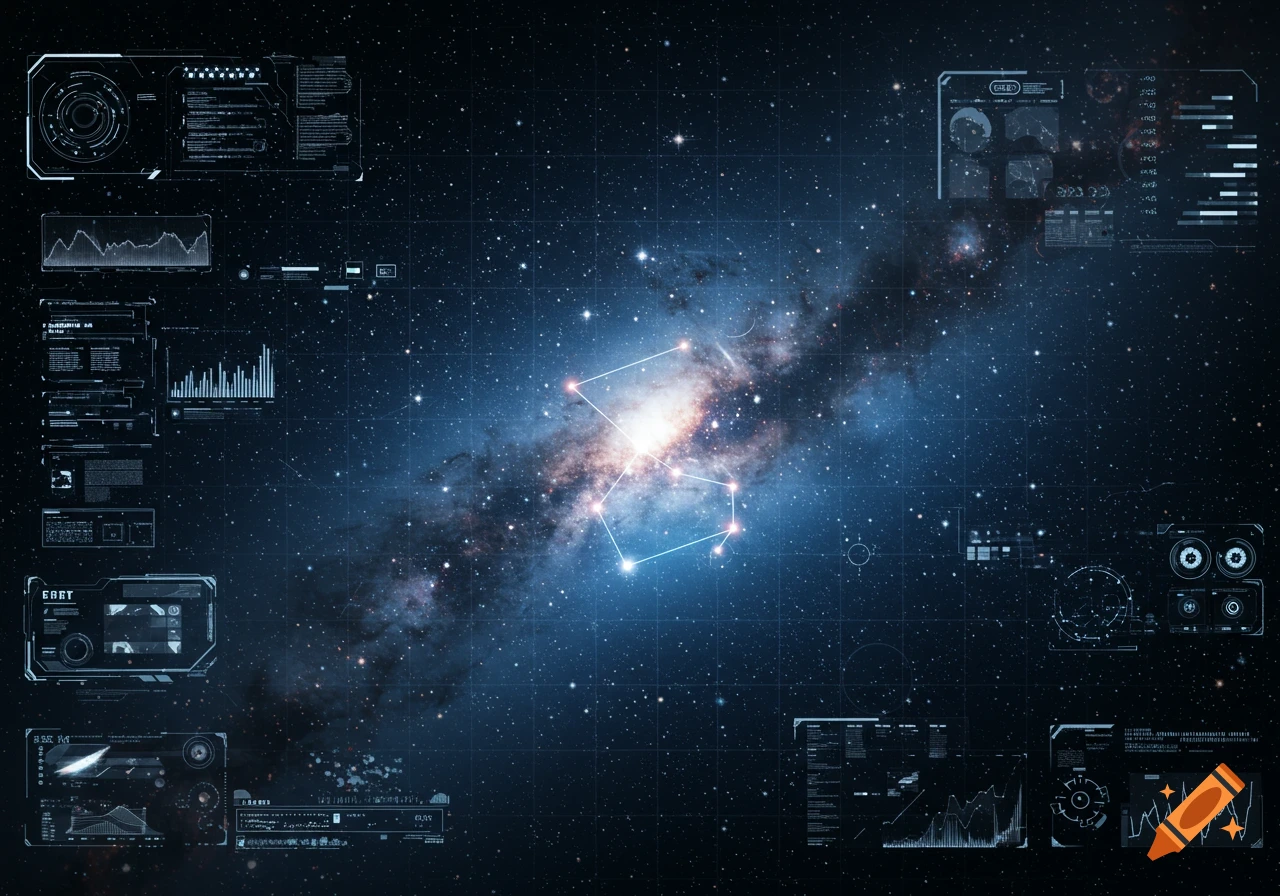 A dark blue galaxy with bright stars and a faint constellation connected by lines is overlaid with a futuristic user interface showing data, graphs, and holographic readouts.