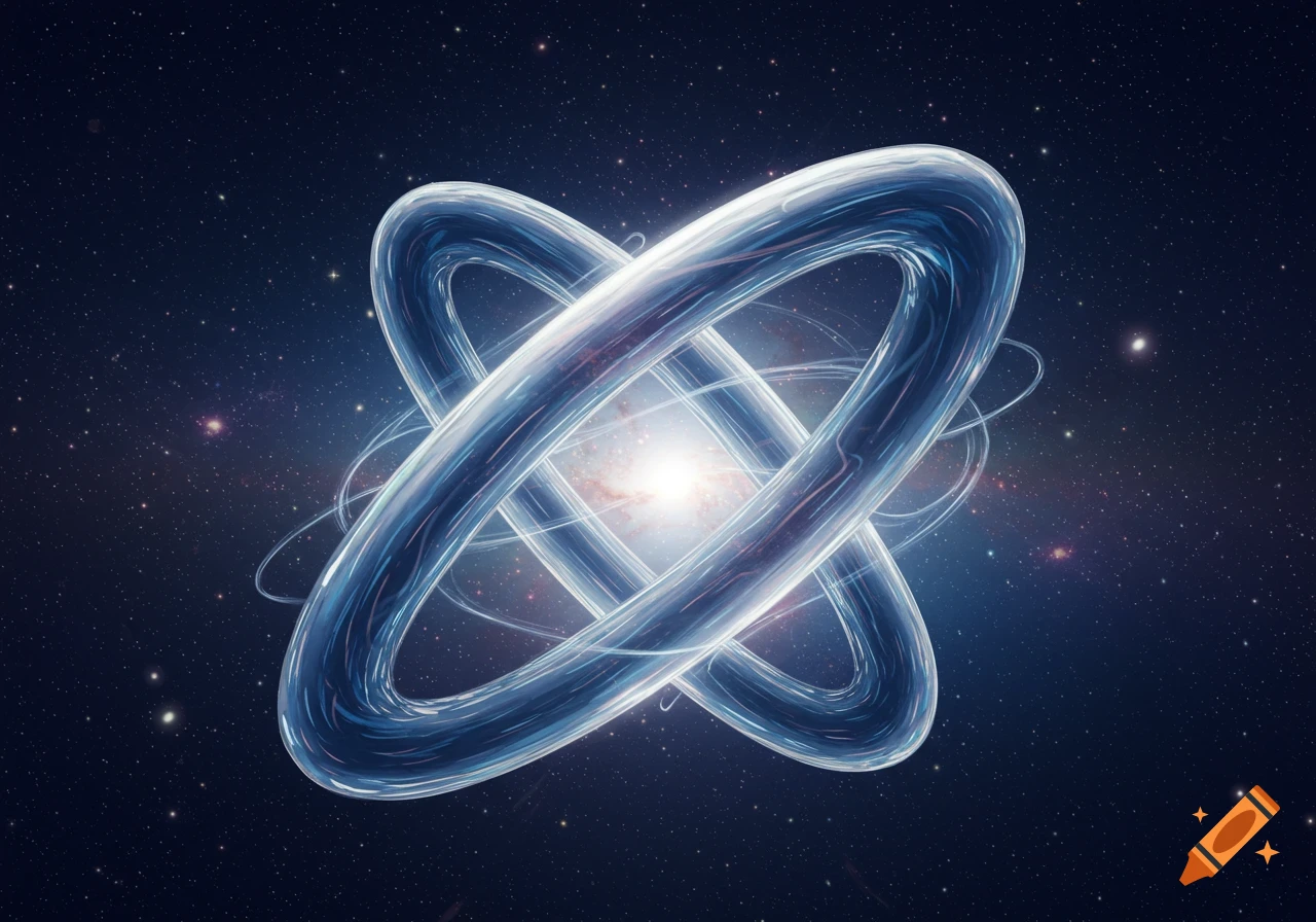 Intertwined glowing blue-silver rings against a starry dark blue space background with a bright central nebula.
