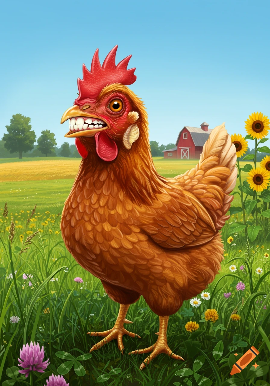 A cartoon chicken with human-like teeth stands in a vibrant green field with a red barn and sunflowers under a blue sky.