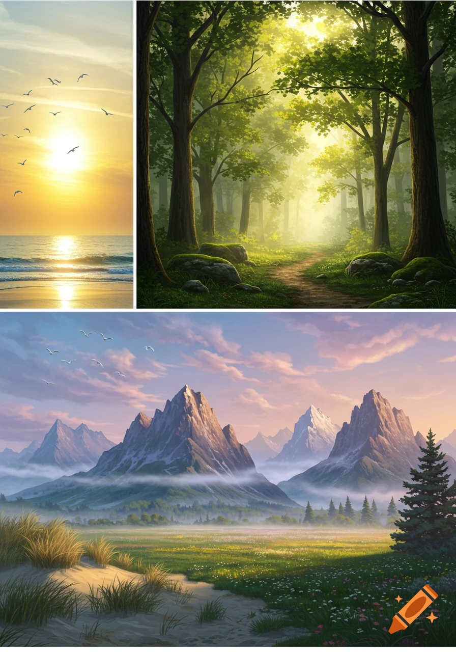 A triptych of digital art nature scenes: a sunset ocean with birds, a bright forest path, and a misty mountain range with a field of wildflowers.
