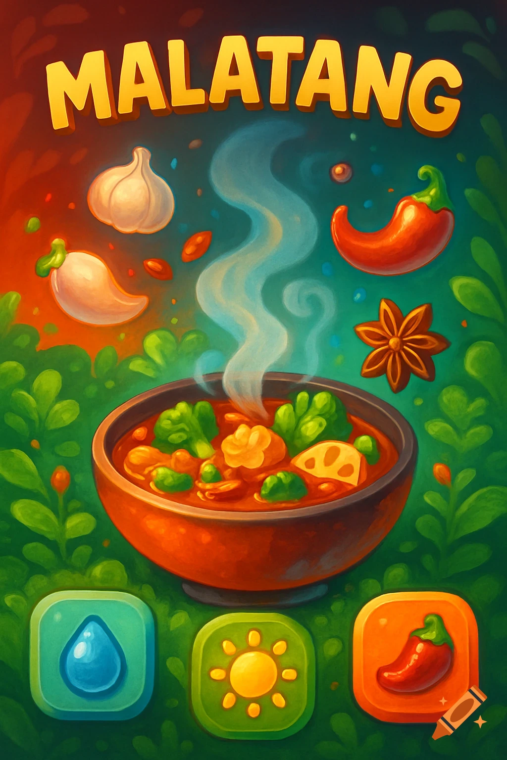Vibrant cartoon illustration of a steaming bowl of Malatang with "MALATANG" text, ingredients, and game icons.