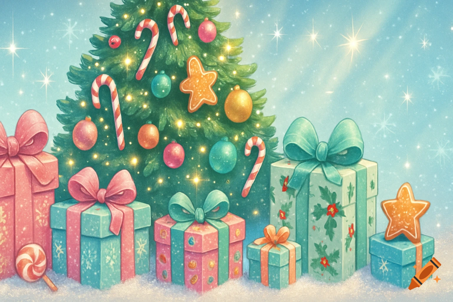 A festive illustration featuring a decorated Christmas tree, colorful gifts, candy canes, and gingerbread on snowy ground with a starry sky.