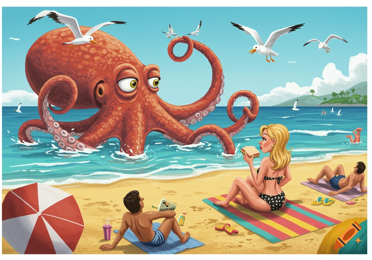 A cartoon illustration of a giant octopus emerging from the sea towards people on a sunny beach, with a woman eating a sandwich.
