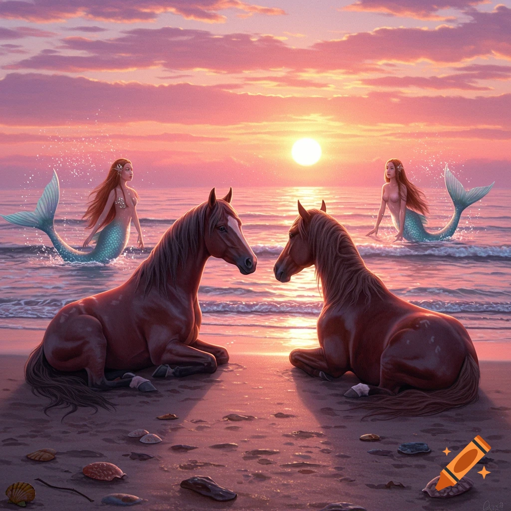 Two brown horses sit on a beach, facing each other, as two mermaids emerge from the pink ocean under a sunset.