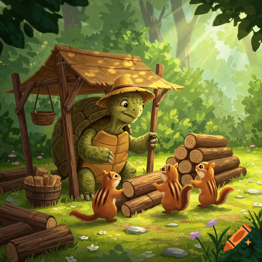 A friendly turtle wearing a straw hat stands under a wooden stand, seemingly selling logs to three cheerful chipmunks in a sunlit forest clearing, cartoon style.