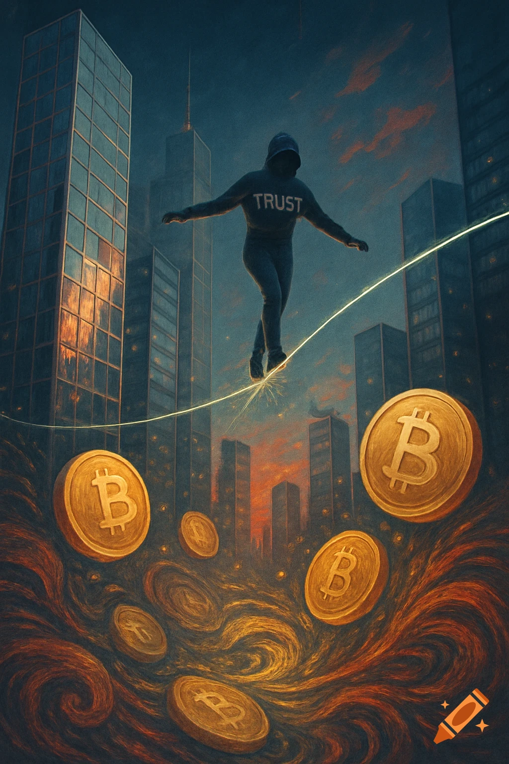 A hooded figure wearing a "TRUST" hoodie balances on a glowing tightrope above a city skyline with swirling golden Bitcoin coins below, in a painterly style.