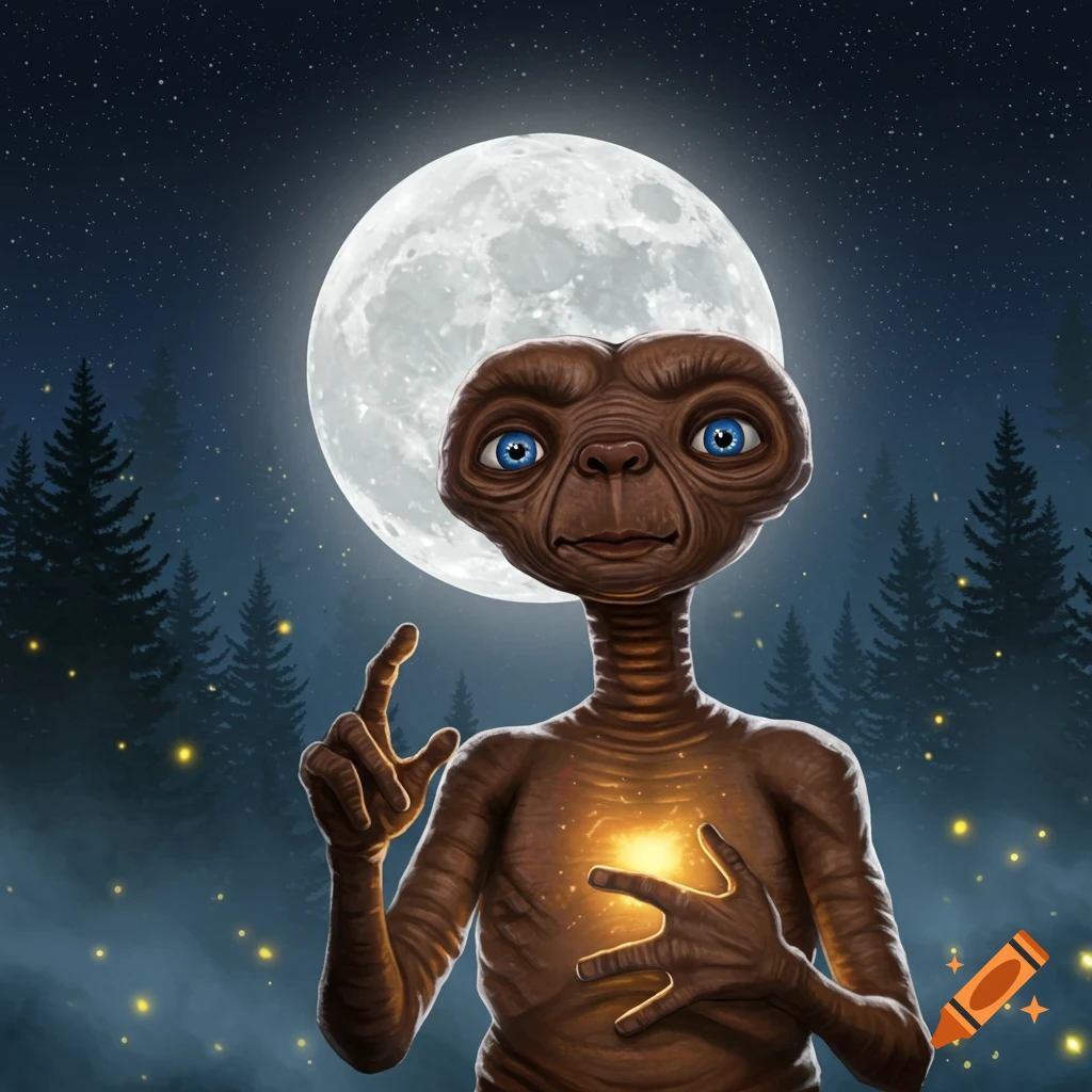 E.T. the alien stands in a dark forest at night under a bright full moon, with his chest glowing and one finger pointing up.