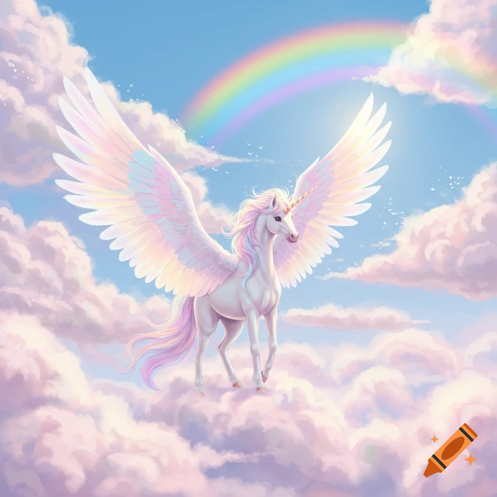 A beautiful white winged unicorn with a pink and blue mane stands on clouds under a rainbow in a blue sky.