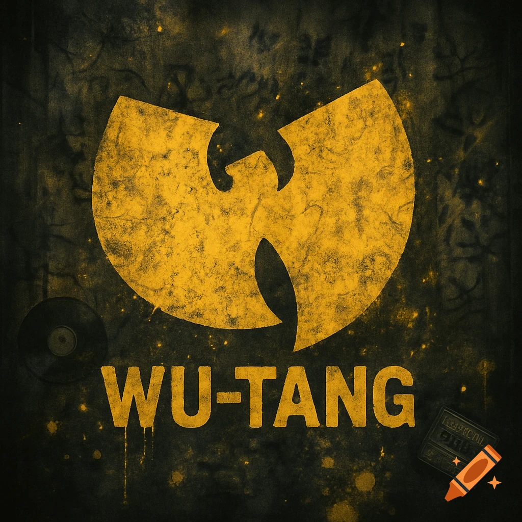 Yellow distressed Wu-Tang Clan logo and text on a dark grunge background with a vinyl record.