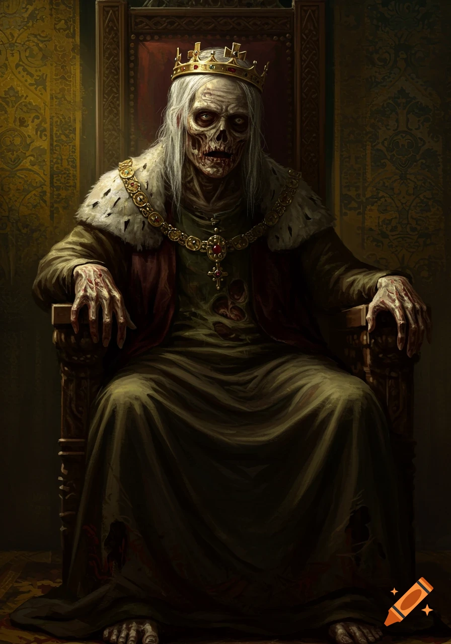 A decaying zombie king with a crown and regal attire sits on a carved wooden throne in a dark, opulent hall, rendered in a dramatic chiaroscuro oil painting style.