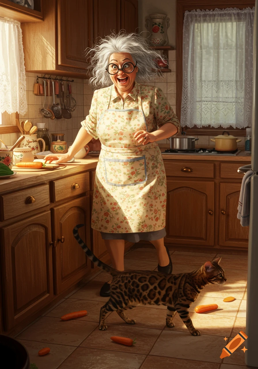 An eccentric older woman in an apron laughs in a sunny kitchen as a Bengal cat sniffs scattered carrots on the floor.