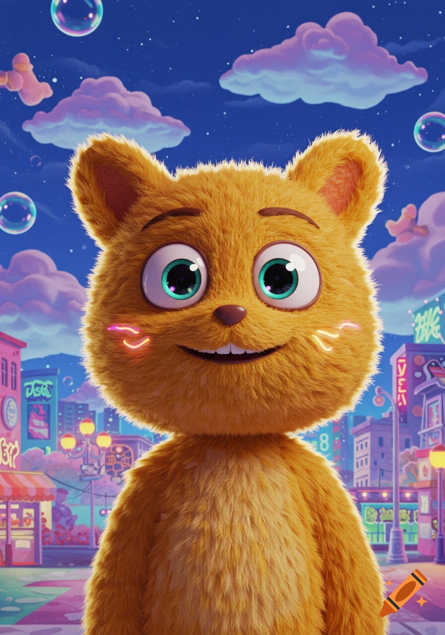 A fluffy orange cartoon cat-like character with big green eyes smiles in a vibrant, stylized city at night with bubbles floating around.