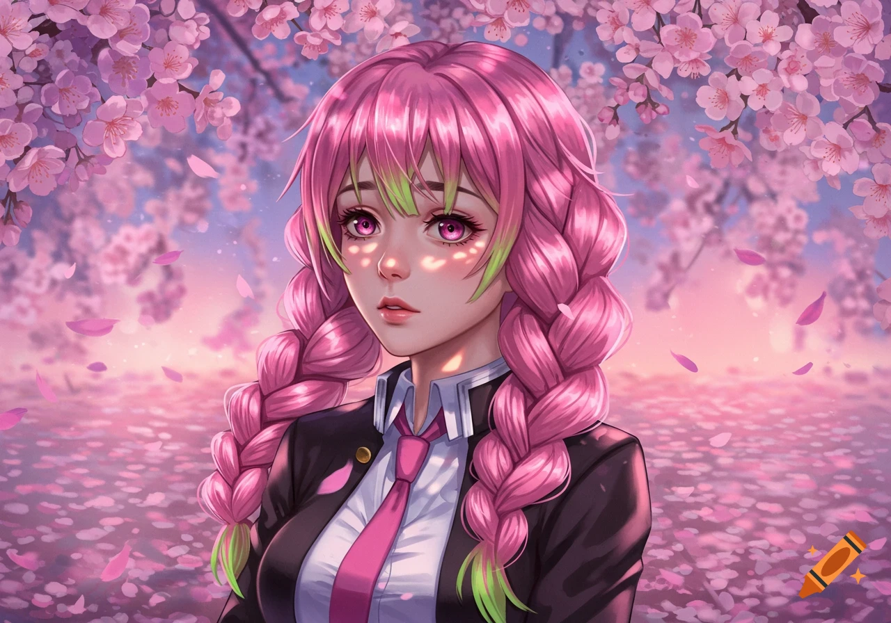 Anime girl with long pink braided hair and green tips, wearing a school uniform, standing amidst a shower of pink cherry blossoms.