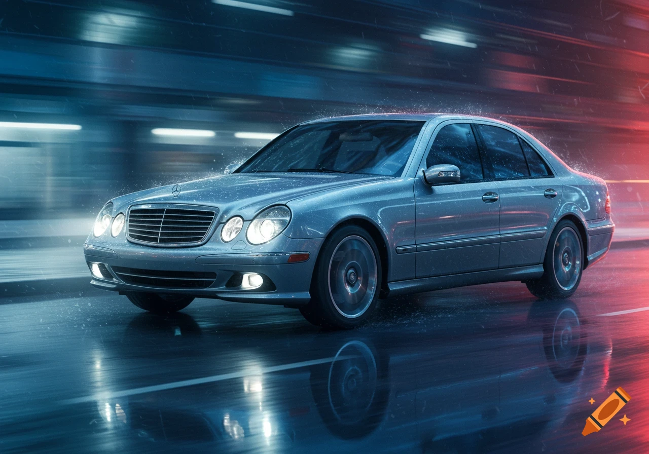 A silver Mercedes-Benz sedan drives on a wet road at night, reflecting blue and red lights from the blurred background.
