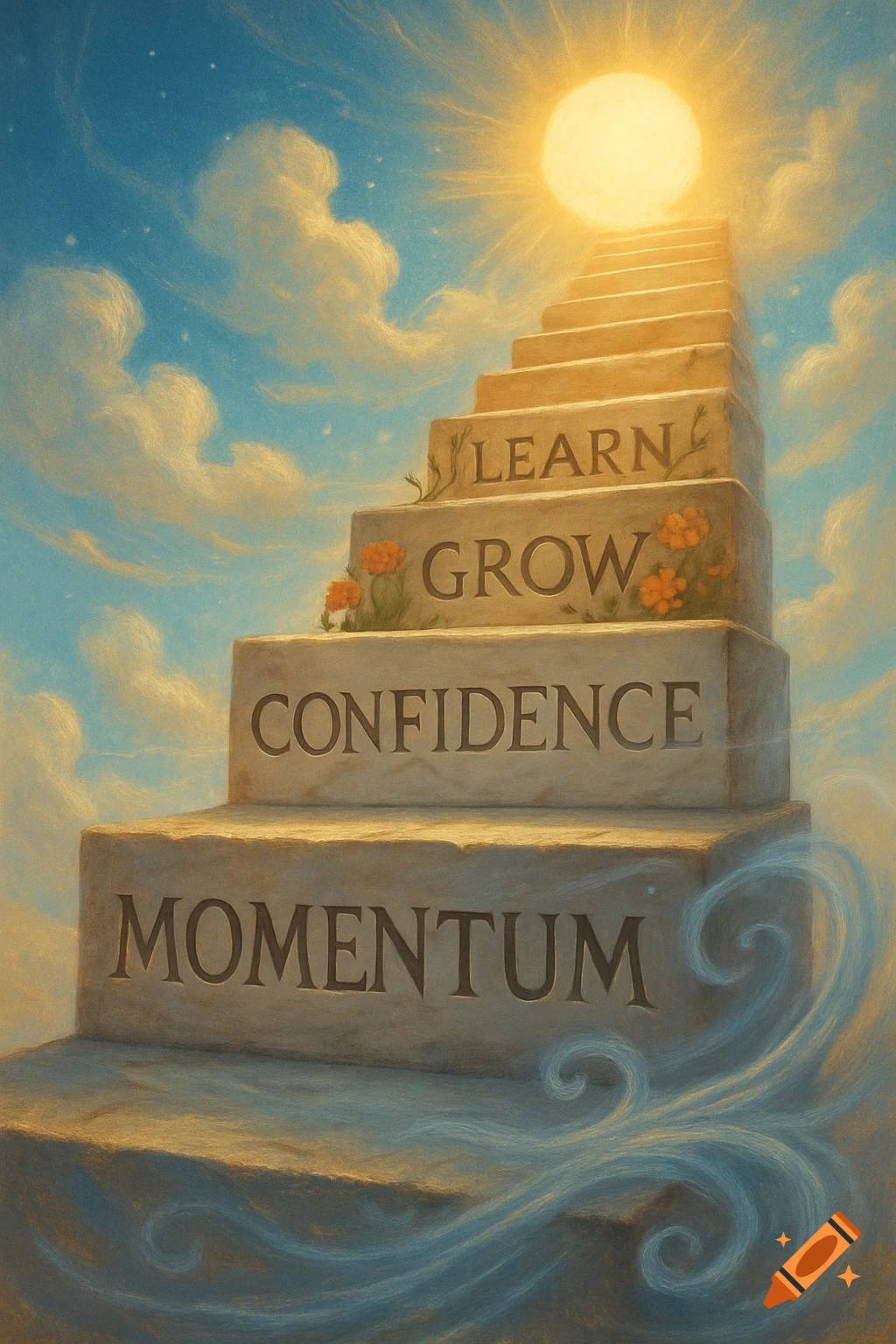 A symbolic stone staircase rises into a sunny, cloudy sky, with steps engraved 'Learn', 'Grow', 'Confidence', and 'Momentum'.