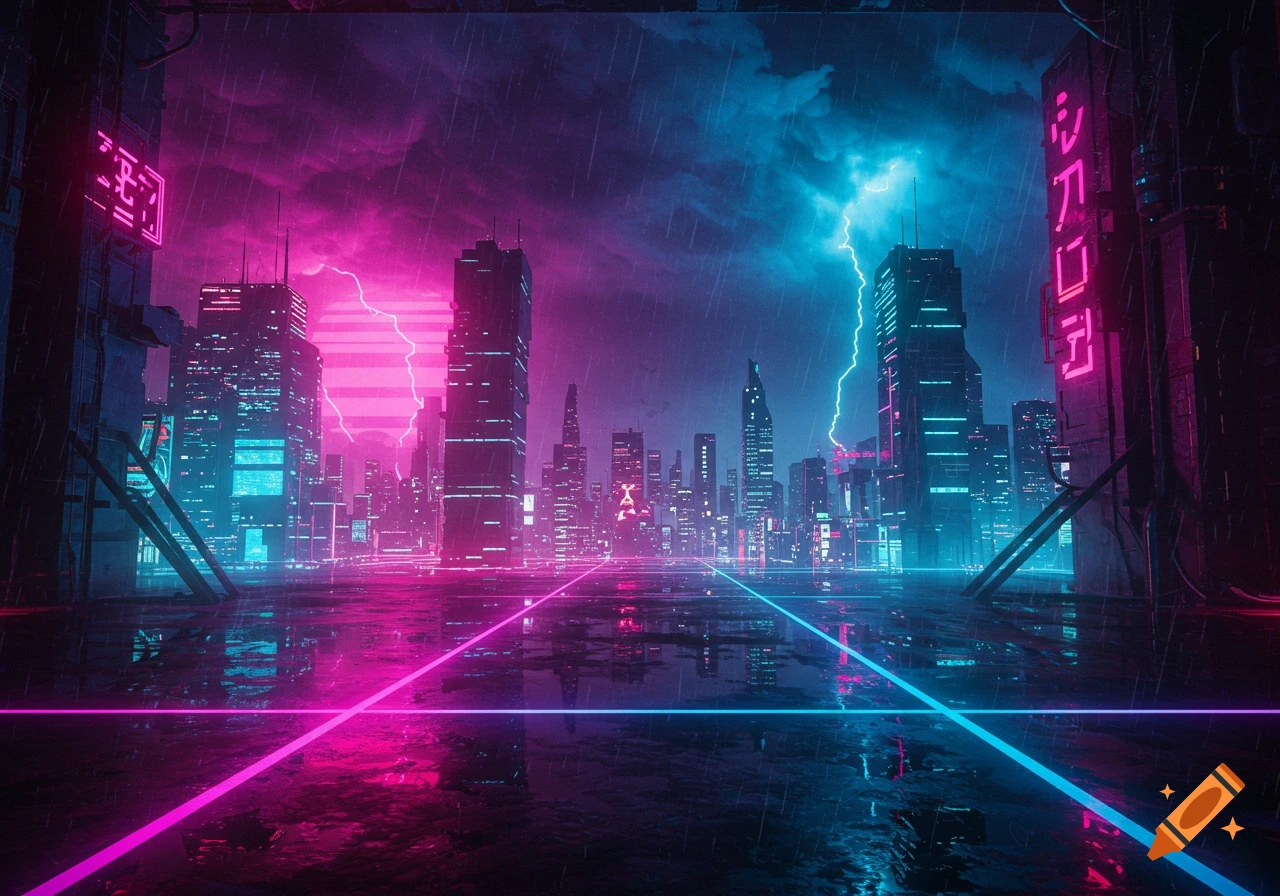 A rainy futuristic city at night, illuminated by vibrant pink and blue neon lights with lightning striking the skyline, in a synthwave style.