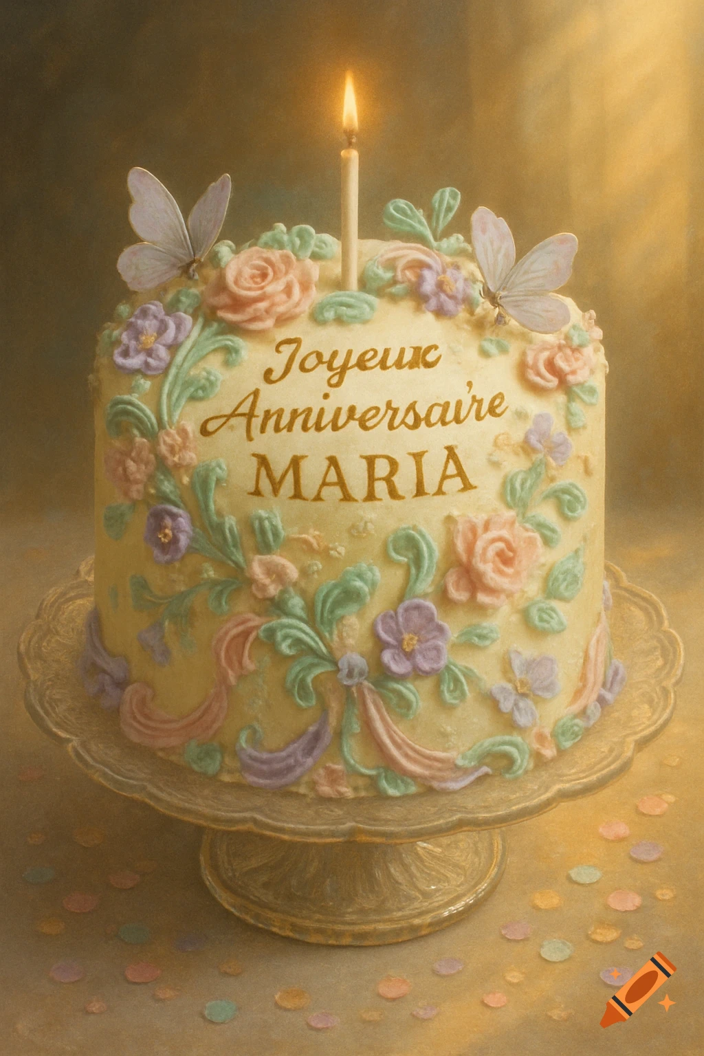 A pastel-decorated birthday cake with "Joyeux Anniversaire MARIA" text, frosting flowers, butterflies, and a lit candle.