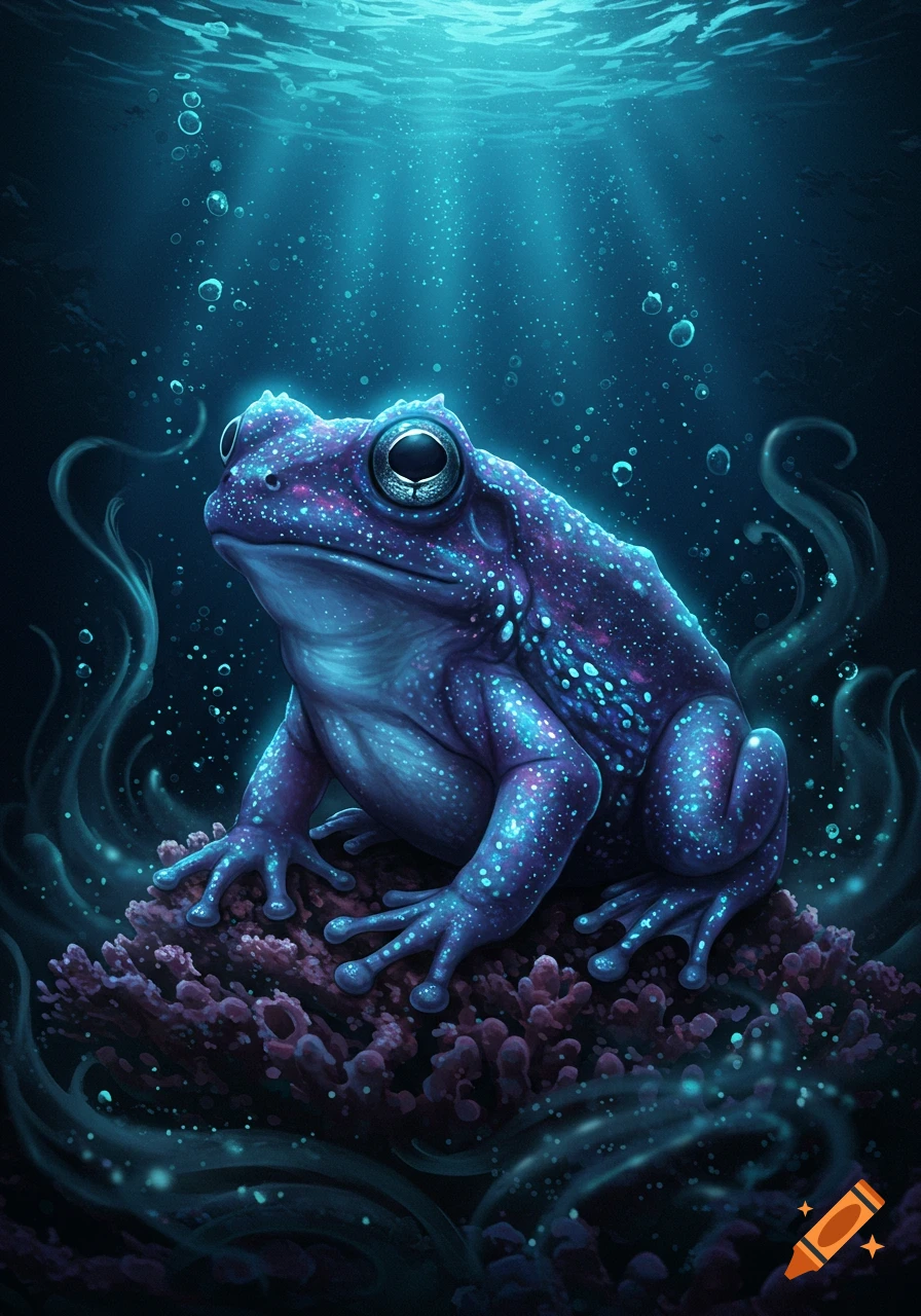 A vibrant blue-purple abyss frog with glowing specks sits on coral underwater as light rays penetrate from above.