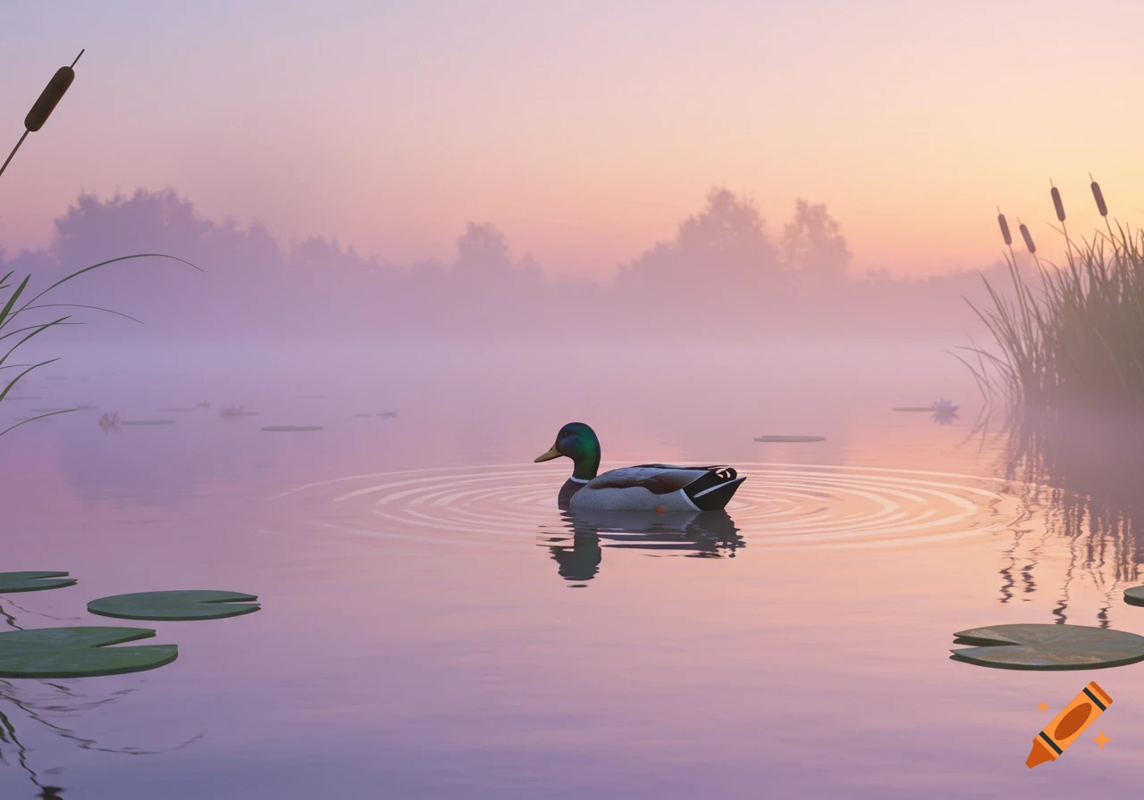 A mallard duck floats on a still, misty lake at sunrise or sunset, surrounded by lily pads and reeds.