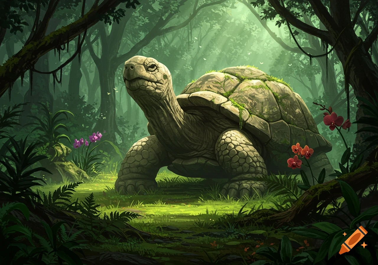 A massive ancient turtle with a moss-covered shell stands in a lush, sunlit fantasy forest with vibrant flowers, digital art.