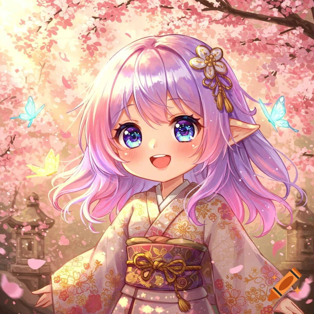 A cute anime girl with purple hair and elf ears, wearing a floral kimono, stands among falling cherry blossoms with butterflies.