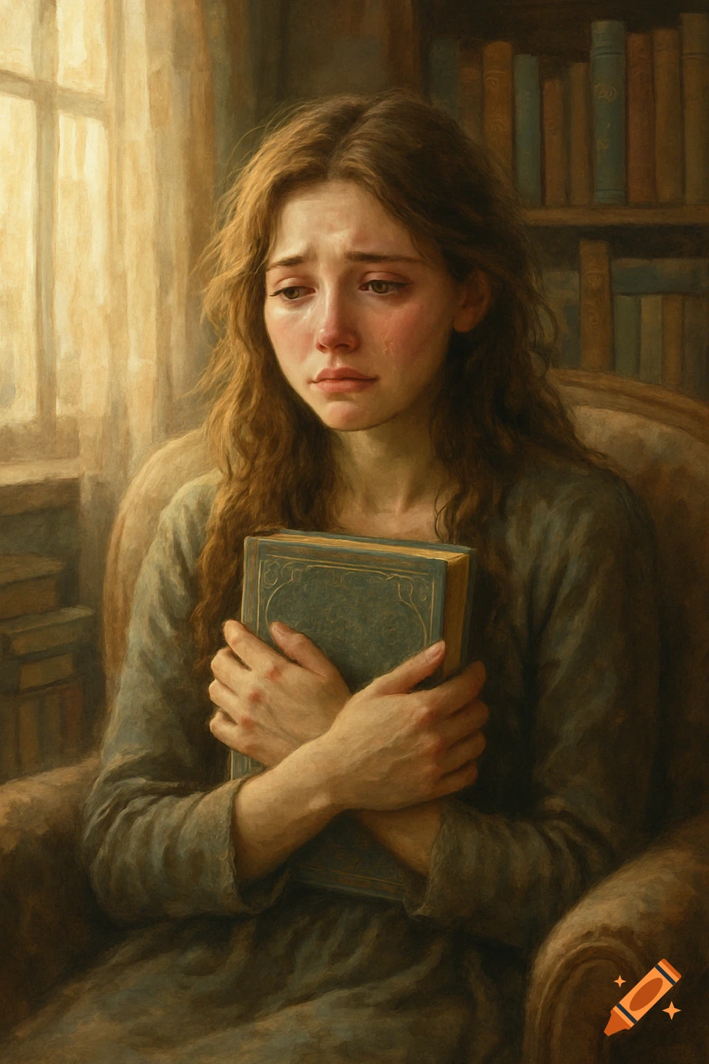 A painterly portrait of a crying woman with long brown hair, holding a teal book to her chest in a room with a window and bookshelves.